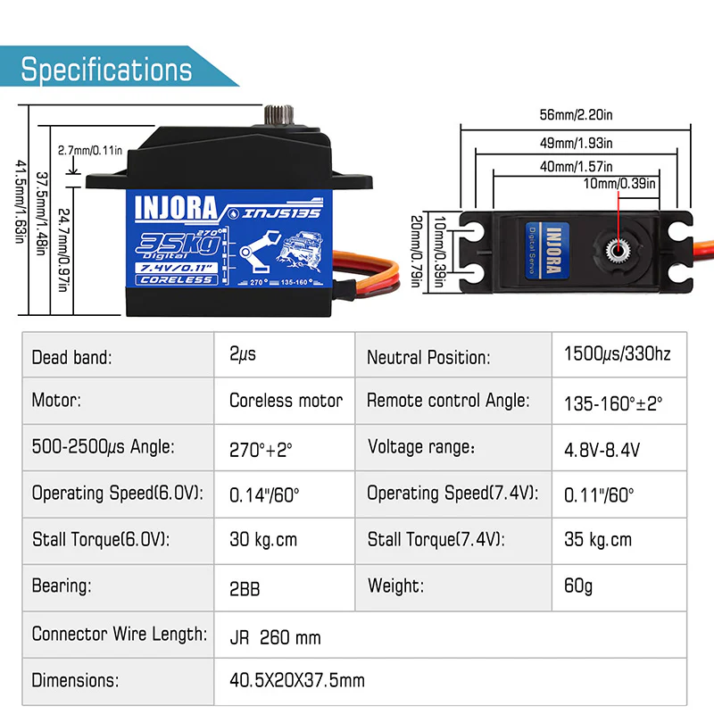 INJORA INJS135 35KG Waterproof Large Torque Digital Coreless Servo for RC Model (270 degrees) - Image 4