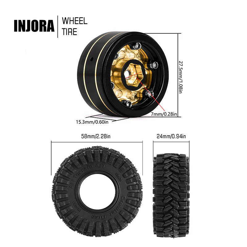 INJORA 1.0" 58*24mm  -2.65mm Offset Brass Wheel Set for Micro Crawlers (4) - Image 4