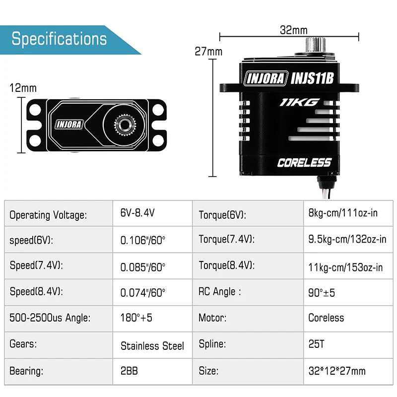 INJORA 11KG Coreless High Torque Micro Servo for 1/24 SCX24 AX24 (INJS11B) - Image 3