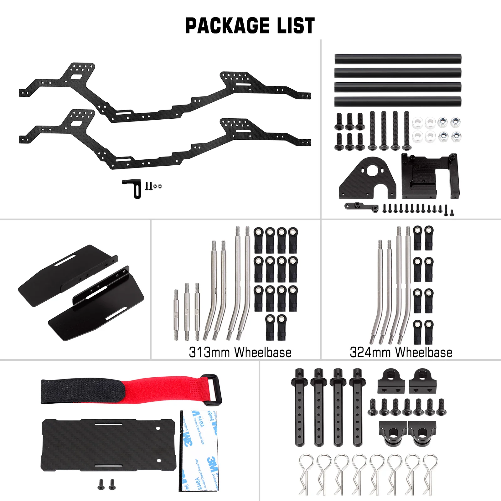 INJORA 313/324mm LCG Carbon Fiber Chassis Kit for TRX4 - Image 3