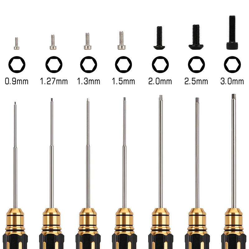 INJORA 7PCS 0.9 1.27 1.3 1.5 2.0 2.5 3.0mm HSS Steel Hex Screwdriver RC Tool Set - Image 3