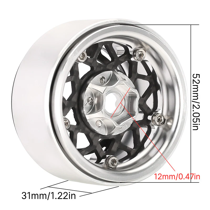 INJORA 1.9" Carbon Fiber & Aluminum -10mm Offset Wheels for 1/10 RC Crawlers (W1952) - Image 5