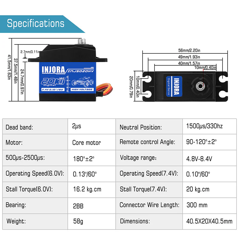 INJORA INJS020HV High Voltage Waterproof 20KG Digital Servo for 1/10 ARRMA KRATON - Image 3