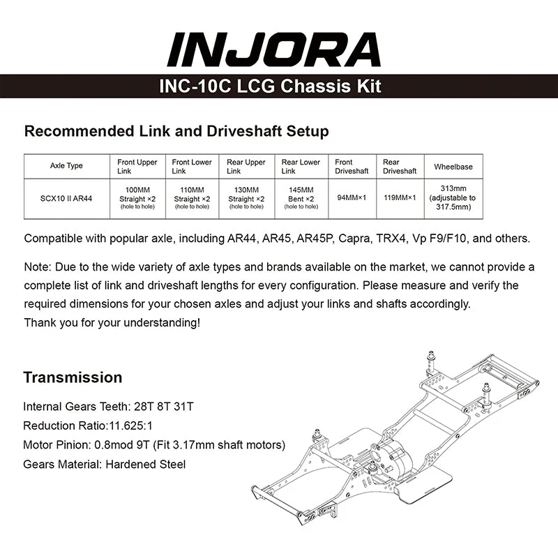 INJORA Center Mounted Transmission LCG Carbon Fiber Chassis Kit for 1/10 RC Crawlers (INC-10C) - Image 5
