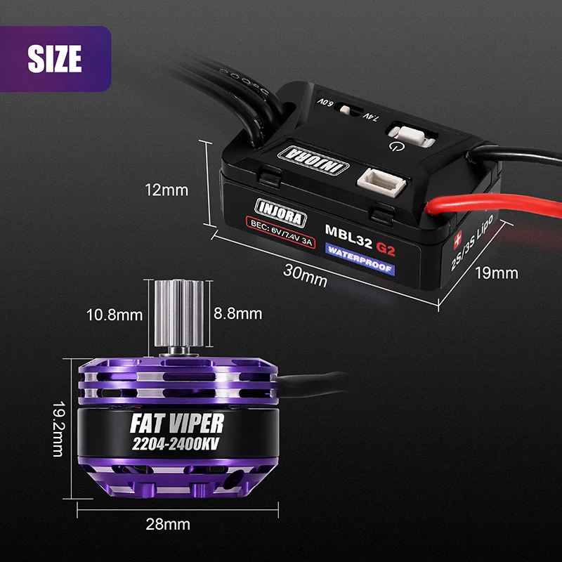 INJORA MBL32 G2 Waterproof Brushless ESC & 2204 Fat Viper Motor for 1/24 SCX24 Upgrade - Image 4