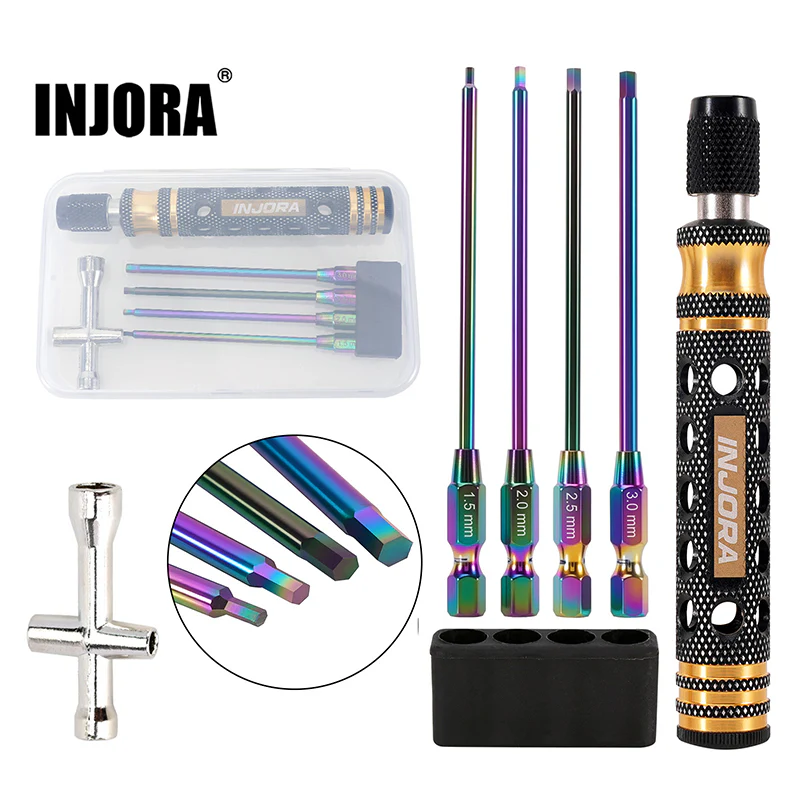 INJORA Quick-Change Hex Driver Set (1.5 / 2.0 / 2.5 / 3.0mm) with 4-Way Socket Wrench